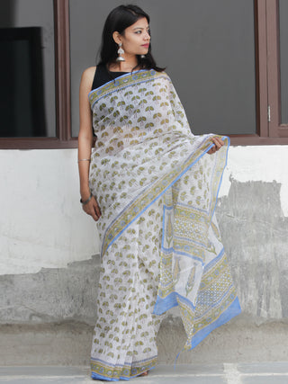 White Mustard Sky Blue Hand Block Printed Kota Doria Saree  - S031704093