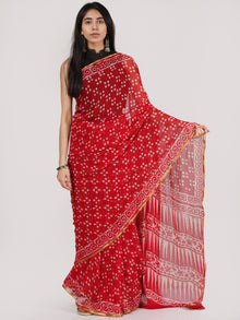 Red OffWhite Hand Block Printed Chiffon Saree With Zari Border - S031704704
