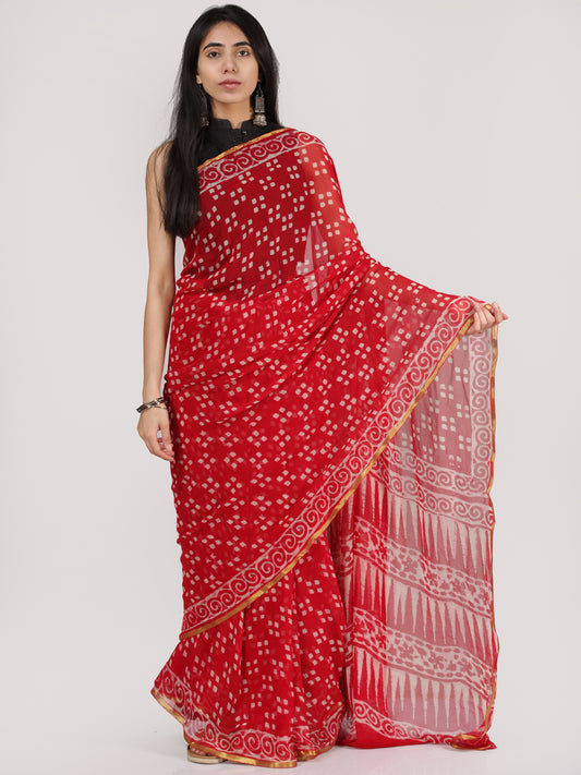 Red OffWhite Hand Block Printed Chiffon Saree With Zari Border - S031704704
