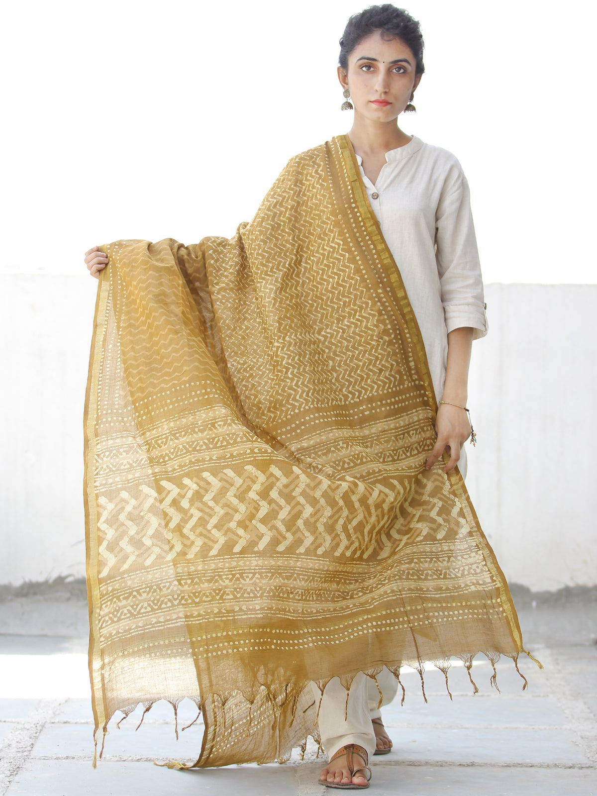 Mustard Ivory Chanderi Hand Block Printed Dupatta - D04170558