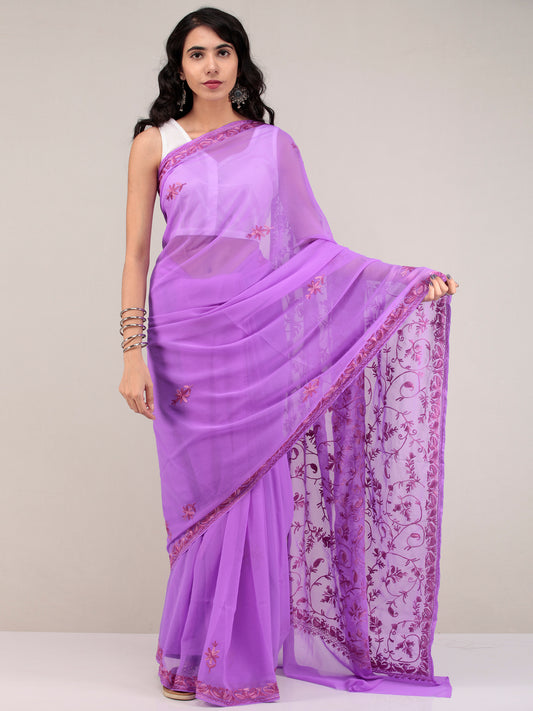 Lavender Aari Embroidered Georgette Saree From Kashmir - S031704645