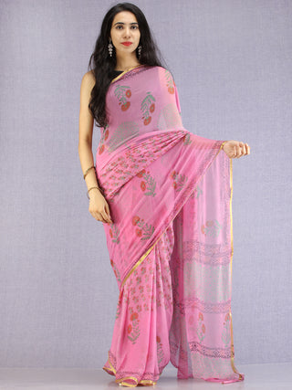 Pink Red Green Hand Block Printed Chiffon Saree with Zari Border - S031704605