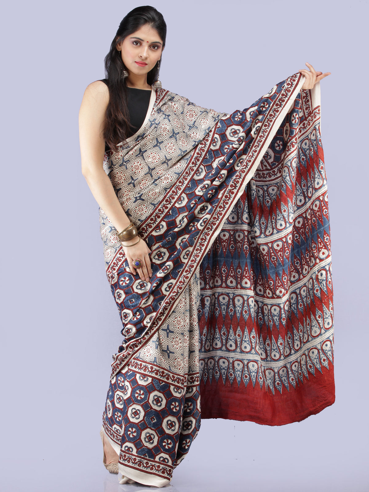 Ivory Indigo Maroon Ajrakh Hand Block Printed Modal Silk Saree - S031704260