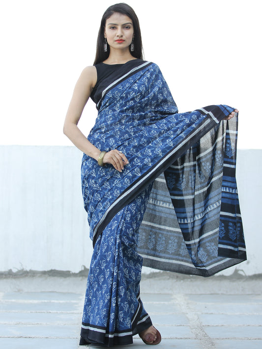 Indigo White Hand Block Printed  Cotton Mul Saree - S031703975