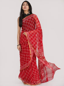 Red OffWhite Hand Block Printed Chiffon Saree With Zari Border - S031704704