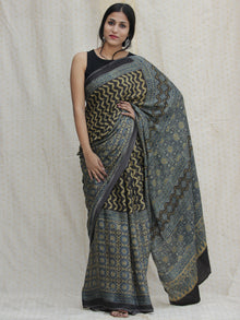 Black Indigo Olive Green Ajrakh Hand Block Printed Modal Silk Saree - S031704135