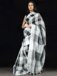 Black White Grey Handwoven Checked Linen Saree With Zari Border - S031703462