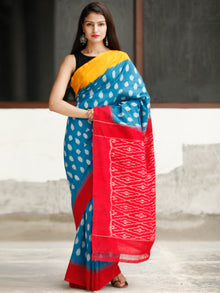 Sky Blue Yellow Red Ikat Handwoven Cotton Saree - S031704047