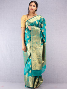 Banarasee Semi Silk Saree With Zari Work - Green &  Gold - S031704376