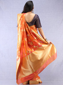 Banarasee Art Silk Saree With Bird Motif - Orange & Gold - S031704329