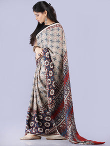 Ivory Indigo Maroon Ajrakh Hand Block Printed Modal Silk Saree - S031704260