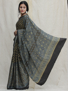 Black Indigo Olive Green Ajrakh Hand Block Printed Modal Silk Saree - S031704135