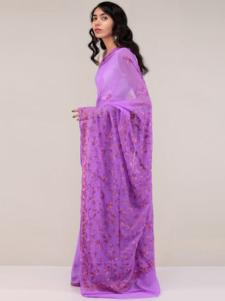 Lavender Aari Embroidered Georgette Saree From Kashmir - S031704645