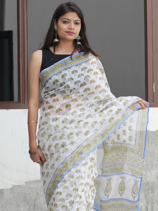 White Mustard Sky Blue Hand Block Printed Kota Doria Saree  - S031704093