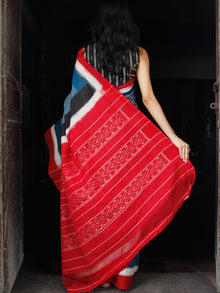 Teal Blue White Red Double Ikat Handwoven Cotton Saree - S031703532