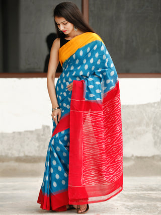 Sky Blue Yellow Red Ikat Handwoven Cotton Saree - S031704047