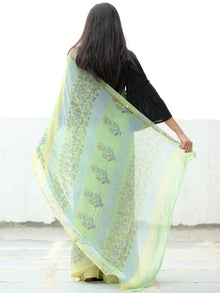 Light Green Grey Hand Block Printed Chiffon Saree with Zari Border - S031703947