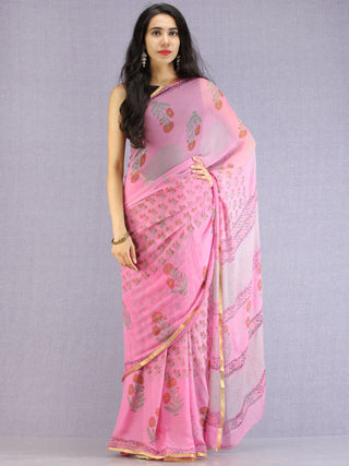 Pink Red Green Hand Block Printed Chiffon Saree with Zari Border - S031704605