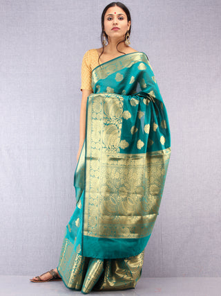 Banarasee Semi Silk Saree With Zari Work - Green &  Gold - S031704376