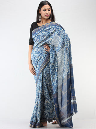 Indigo Ivory Maheshwari Silk Hand Block Printed Saree With Zari Border - S031704476