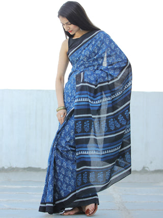 Indigo White Hand Block Printed  Cotton Mul Saree - S031703975