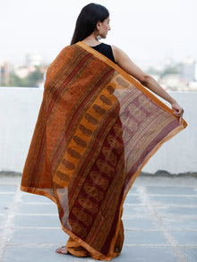 Deep Orange Rust Black Bagh Hand Block Printed Maheswari Silk Saree With Resham Border - S031703846