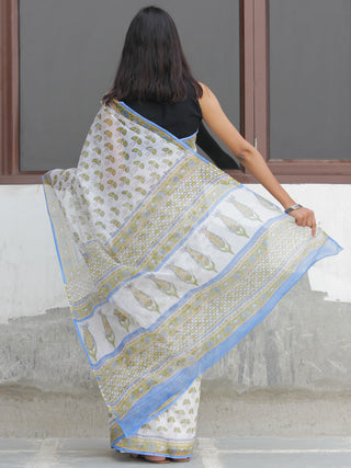 White Mustard Sky Blue Hand Block Printed Kota Doria Saree  - S031704093