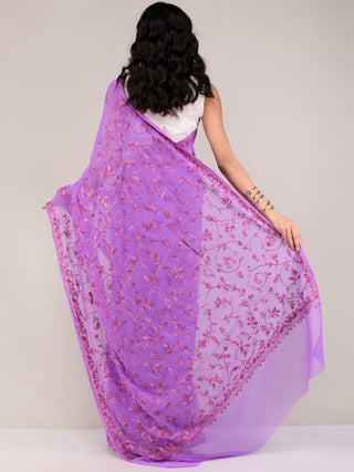 Lavender Aari Embroidered Georgette Saree From Kashmir - S031704645