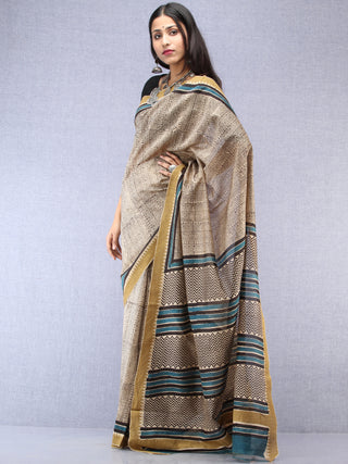 Ivory Black Indigo Chanderi Hand Block Printed Saree With Geecha Border - S031704501