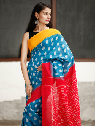 Sky Blue Yellow Red Ikat Handwoven Cotton Saree - S031704047