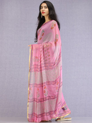 Pink Red Green Hand Block Printed Chiffon Saree with Zari Border - S031704605