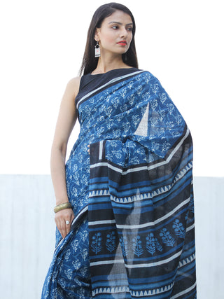 Indigo White Hand Block Printed  Cotton Mul Saree - S031703975
