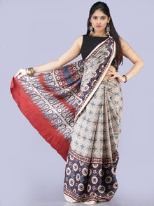 Ivory Indigo Maroon Ajrakh Hand Block Printed Modal Silk Saree - S031704260