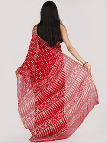 Red OffWhite Hand Block Printed Chiffon Saree With Zari Border - S031704704