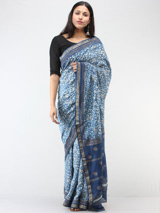 Indigo Ivory Maheshwari Silk Hand Block Printed Saree With Zari Border - S031704476