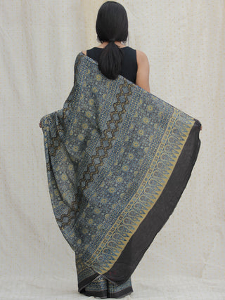 Black Indigo Olive Green Ajrakh Hand Block Printed Modal Silk Saree - S031704135