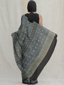 Black Indigo Olive Green Ajrakh Hand Block Printed Modal Silk Saree - S031704135