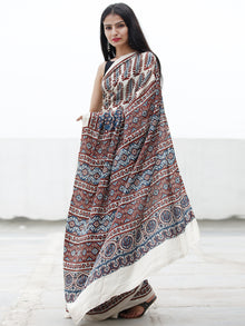 Off White Indigo Rust Ajrakh Hand Block Printed Modal Silk Saree in Natural Colors - S031703716