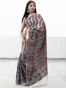 Off White Indigo Rust Ajrakh Hand Block Printed Modal Silk Saree in Natural Colors - S031703716