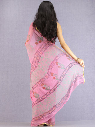 Pink Red Green Hand Block Printed Chiffon Saree with Zari Border - S031704605