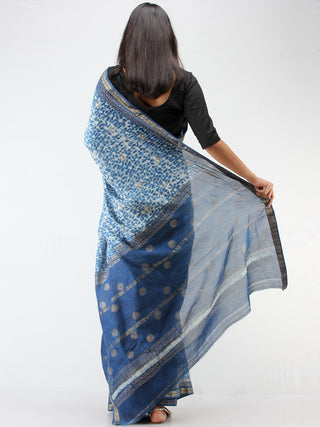 Indigo Ivory Maheshwari Silk Hand Block Printed Saree With Zari Border - S031704476