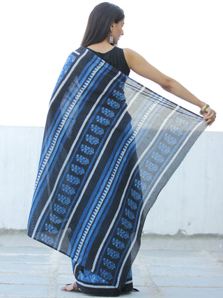 Indigo White Hand Block Printed  Cotton Mul Saree - S031703975