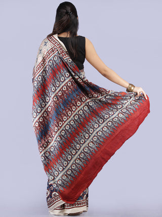 Ivory Indigo Maroon Ajrakh Hand Block Printed Modal Silk Saree - S031704260