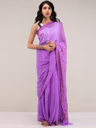 Lavender Aari Embroidered Georgette Saree From Kashmir - S031704645