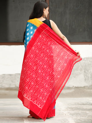 Sky Blue Yellow Red Ikat Handwoven Cotton Saree - S031704047