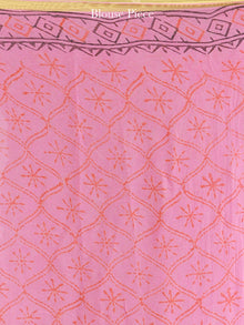 Pink Red Green Hand Block Printed Chiffon Saree with Zari Border - S031704605