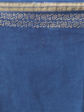 Indigo Ivory Maheshwari Silk Hand Block Printed Saree With Zari Border - S031704476