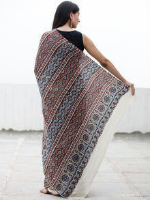 Off White Indigo Rust Ajrakh Hand Block Printed Modal Silk Saree in Natural Colors - S031703716