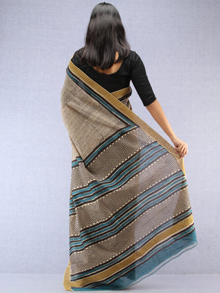 Ivory Black Indigo Chanderi Hand Block Printed Saree With Geecha Border - S031704501