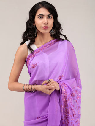 Lavender Aari Embroidered Georgette Saree From Kashmir - S031704645